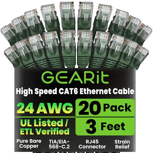 GearIT Cat 6 Ethernet Cable (20-Pack 3 Feet) Cat6 Network Patch, 10Gbps, RJ45, Snagless Cord, Gold-Plated Connectors, Internet for PC, TV, Tablet, Router, Printer, Servers, IT Data Center - Green