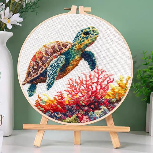 DIY Cross Stitch Kits Sea Turtle and Corals with Hoop 20x20cm-5
