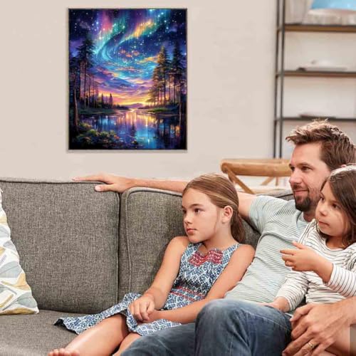 Image of Starry Night Stamped Cross Stitch Kits for Adults - Lake Tree Embroidery Kits for Beginners Adults,11 CT Patterns Dimensions Counted Cross Stitch Kits for Adults Arts Craft 12x16 inch
