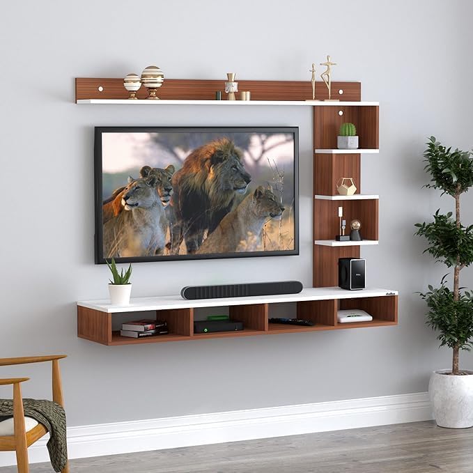 Image of Anikaa Kasey Engineered Wood Wall Mount TV Unit LED Light TV Entertainment Unit Set Top Box Stand for Living Room - (Ideal for 55 Inch) (D.I.Y) (Walnut White)