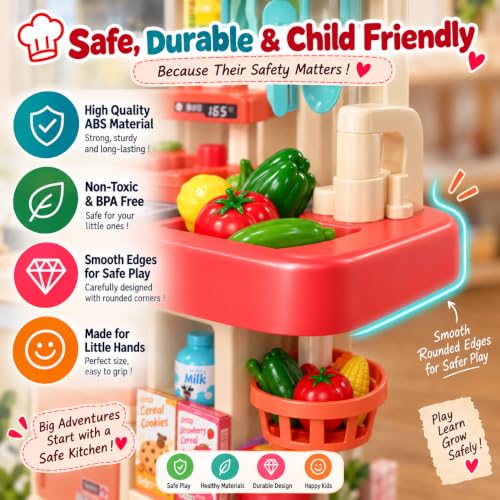 Image of Kids Kitchen Playset with Steam & Running Water, 42 Pcs (Pink)