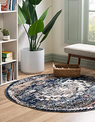 Rugs.com Tucson Collection Rug – 5 Ft Round Blue Low Rug Perfect for Kitchens, Dining Rooms