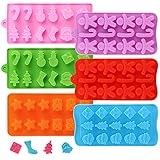 Picture of Christmas Silicone Chocolate and Candy Molds, Small Baking Molds for Cake Toppers, Santa Clause Snowman Christmas Tree Presents Gingerbread Stockings Star Candy Cane Molds 6Pcs