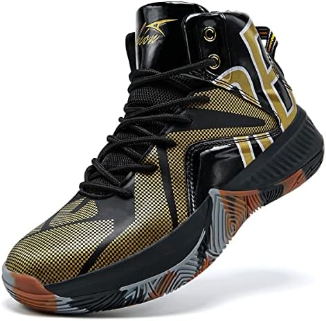 ASHION Little Big Youth Kids Basketball Shoes Boys High-Top Sneakers Girls Outdoor Sports Shoes Black Gold,4 Big Kid