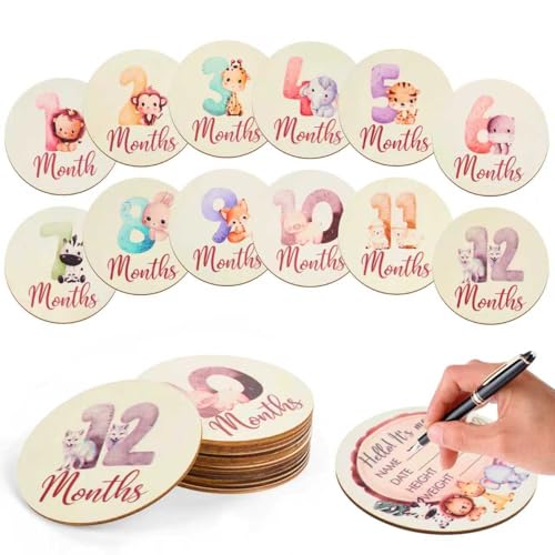 Image of Baby Monthly Milestone Signs - 13 Pack Wooden Baby Milestone Cards for 1-12 Months, Newborn Photography Props with Hello World Discs, Gender Neutral Baby Announcement for Boy Girl Age Shower Gifts