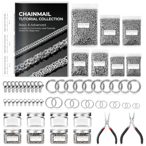 12500+ Pcs Chainmail Kit Stainless Steel Chainmail Jump Rings Bulk Chainmail Rings 3/4/5/5.6/6/7/9mm-ID 2 Handmade Pliers 20 Lobster Clasps 10 Spring Rings with 24 Chainmail Braiding Tutorials