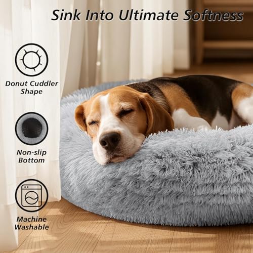 Image of JOLLYVOGUE Calming Dog Bed Medium Size Dog, Anti-Anxiety Donut Medium Pet Bed, 27 inches Fluffy Faux Fur Round Cat Bed (Smoke Grey)