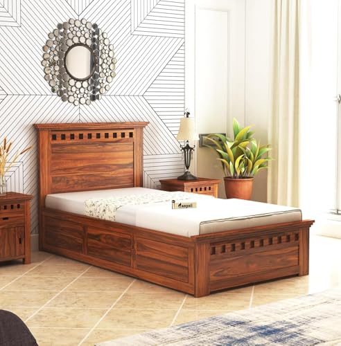 Image of Ganpati Arts Sheesham Wood Armania Single Size Bed with Box Storage for Bedroom | Wooden Single Bed Palang for Home (Natural Finish) 1 Year Warranty