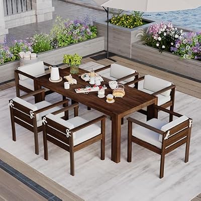 Merax 7-Piece Patio Dining Table Sets,Outdoor Furniture Sets with Rectangle Table and 6 Chairs for Backyard,Garden,Poolside,Mocha+ Beige