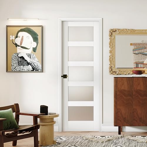 Image of 24 inch x 80 inch Interior Door, 5-Lite Frosted Glass Pantry Door with Black Door Lever, Single Slab Door Panel for Closet & Bedroom, Classic Style as Prehung, Pocket, Bifold Doors, Assembly Required