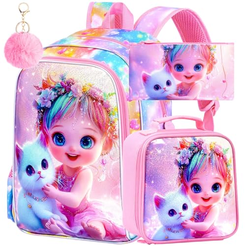 Image of 16 inch Cat Backpack for Girls, 3Pcs School Bookbag with Lunch Box, Kids Backpacks Set for Elementary Preschool Kindergarten(Pink)