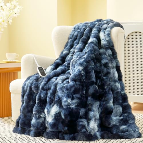 Image of Amelie Home Heated Bubble Faux Fur Blanket Electric - 50 inchx60 inch Heating Blanket Throw 2 /4 /6 /8 Hours Auto-Off 8 Heat Level Over-Heat Protection Electric ETL Certification Tie-dye Blue