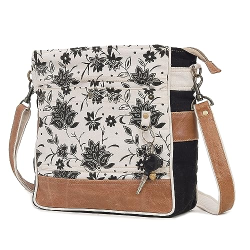 Image of CLA Bags SEL de MER Upcycled Olive Green Blossom Print Canvas & Leather Shoulder Bag, Canvas Crossbody Bags for Women