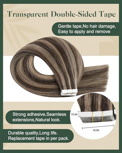 Ugeat Hair Extensions Human Hair Tape in 12 Inch Glue in Human Hair Extensions 50 Grams Tape in Remy Hair Highlight #4/27 Dark Brown w/ Caramel Blonde Tape Hair Extensions 20 Pieces - Image 3