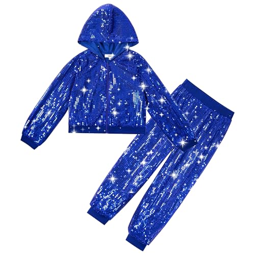 Image of LOLANTA 2Pcs Girls Dance Outfits Cropped Sequin Jacket Pants Set, Kids Hip Hop Dance Costumes for 80s 90s Party 5-15 Years