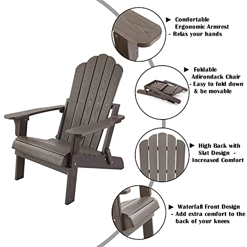 Folding Adirondack Chairs Set Of 2, Outdoor Patio Weather Resistant Chair, Imitation Wood Stripes, Easy To Fold Move & Maintain, Plastic Chair For Backyard Deck, Garden & Lawn Porch - Dark Brown #TOP2
