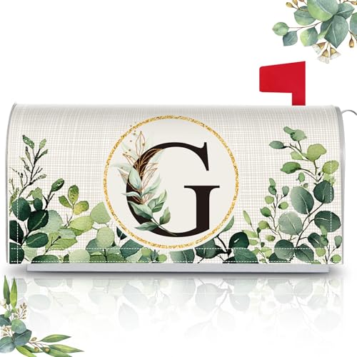 Image of Tiamon Monogrammed G Mailbox Covers Magnetic Eucalyptus Welcome Letter Box Wrap Standard Size 21x18 Inch Spring Summer Leaves Mailbox Decor Eucalyptus Letter Numbers Decoration for Outdoor Garden Yard