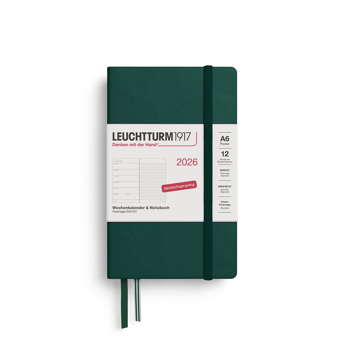 LEUCHTTURM1917 372668 Weekly Planner & Notebook Pocket (A6) 2026 Hardcover, 12 Months, Forest Green, English