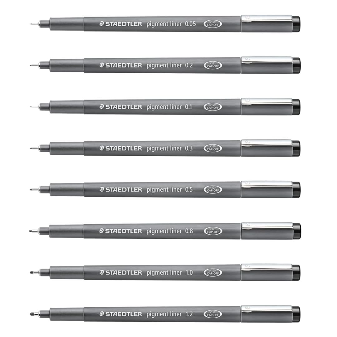 STAEDTLER Pigment Liner Fineliner Stifte, Schwarz, 5 Stück (insgesamt 40 Stück) | 8 verschiedene Spitzengrößen pro Set (0,05 mm – 1,2 mm), wasserfest, Zeichen- und Schreibstifte