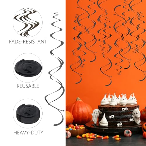 Image of Black Hanging Swirls Party Decorations 30 Pack- Extra Long Double Swirl Ceiling Decorations for Halloween, Baby Shower, Christmas, Wedding, Birthday Decorations| Reusable Black Streamers with Hooks