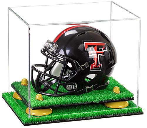 Better Display Cases Clear Acrylic Mini - Miniature Football Helmet (not Full Size) Display Case with Yellow Risers and Turf Base (V45)