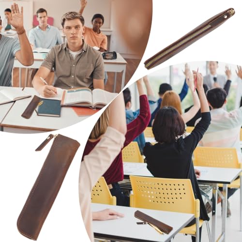 Image of GORGECRAFT Leather Pencil Case Crazy Horse 202 * 50 * 17mm Genuine Leather Pencil Pouch Coffee Ultra Slim Rectangular Portable Zippered Pen Cases with Zipper for Men and Women Office Supplies