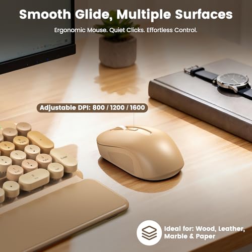 Image of Wireless Keyboard and Mouse Combo, Cute Retro Typewriter Keyboard with Round Keycaps, Full-Size Aesthetic Keyboard with Magnetic Wrist Rest, 2.4GHz USB for Windows /Mac Desktop Laptop (Latte Gradient)