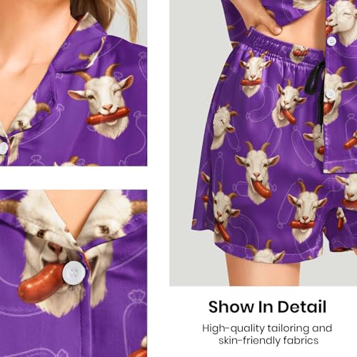 Image of Funny Pajamas for Women Set Print Satin Loungewear Pjs Short Sleeve Button Down Top and Shorts Sets Sleepwear XS-3XL
