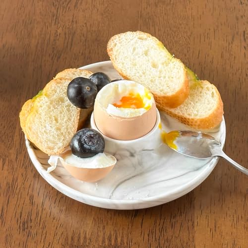 Image of Cinf Ceramic Egg Cup Set, 2 Holders with Spoons, Marble Breakfast Tray | egg serving set with ceramic cups and stainless steel spoons, stylish marble tray for boiled eggs