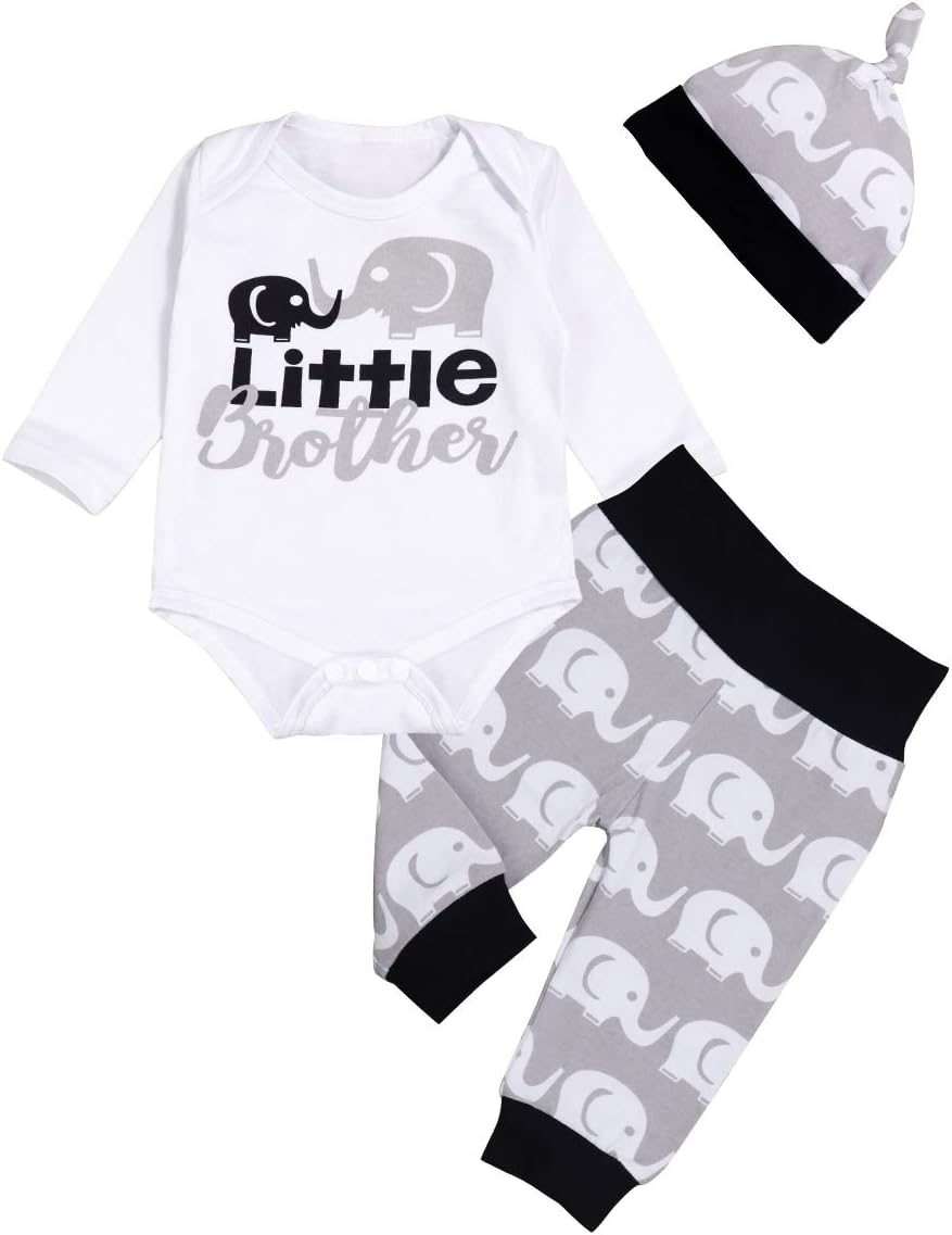 SfuzwgNewborn Baby Boy Clothes Little Brother 3pcs Outfits Romper Hat Pants Autumn Winter Elephant Print Sets