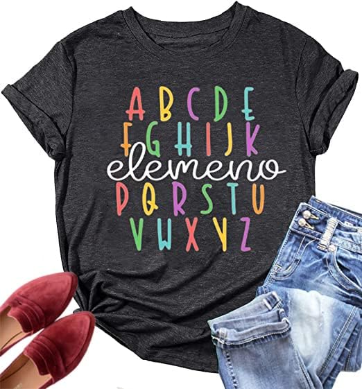 Teacher Shirt ABC Alphabet Elemeno Women Letter Print Graphic Tee Tops Teachers Gift Student T-Shirt Blouse