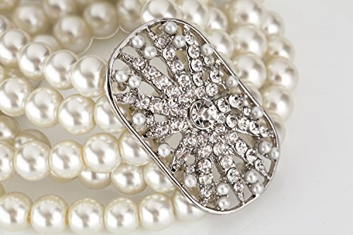 Cizoe Art Deco 20s 30s Flapper Acessories Jewelry Set Great Gatsby Inspired Bridal Pearl Elastic 20s Pearl Bracelet Bangle Long Pearl Necklace Rhinestone Pearl Earrings for Women and Girls4