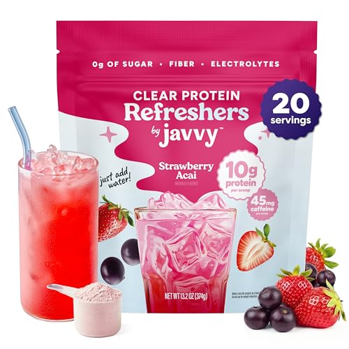 Javvy Clear Protein Refresher Drink Mix 10g of Whey Protein and Collagen Peptides Electrolytes Powder Natural Flavors 0g of Sugar 45mg Caffeine 20 Servings Strawberry Berry Acai