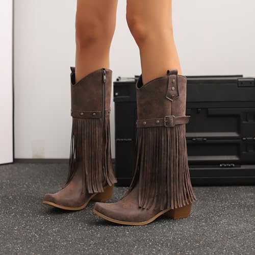Women's Metal Decoration Fringe Cowboy Western Knee High Boot4