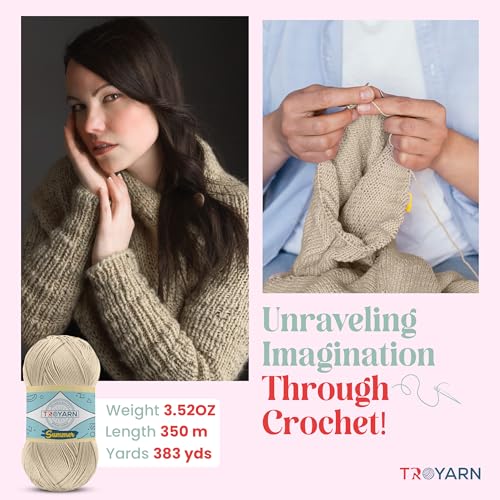 Image of TROYARN Summer (2- Skeins Pack) Silk Effect Hand Knitting Yarn Crochet Art Lace Craft 100% Microfiber Acrylic 2x100 gr (2x383 yds) (105368 - Beige Canvas)