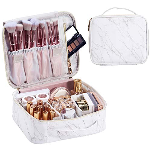 Stagiant Marble Leather Makeup Bag Train Case for Women Portable Travel Makeup Case Storage PU Leather Cosmetic Organizer with Dividers for Girl Cosmetic Make Up Tools Toiletry Jewelry White Marble