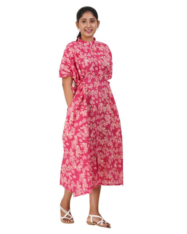 Image of Women's Cotton Full Front Open Dress | Mandarin Collar Button-Down | Darted Waist with Multi Tie-Up | Calf Length | Maternity, Feeding, Elderly & Hospital Wear | Sizes L-3XL