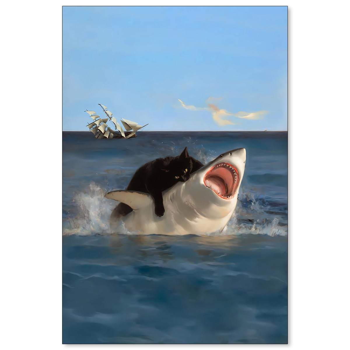 NLIEOPDA Funny Fat Cat Vs. Shark Poster Renaissance Canvas Wall Art Quirky Black Cat Animal Oil Painting Prints Fun Nautical Picture for Living Room