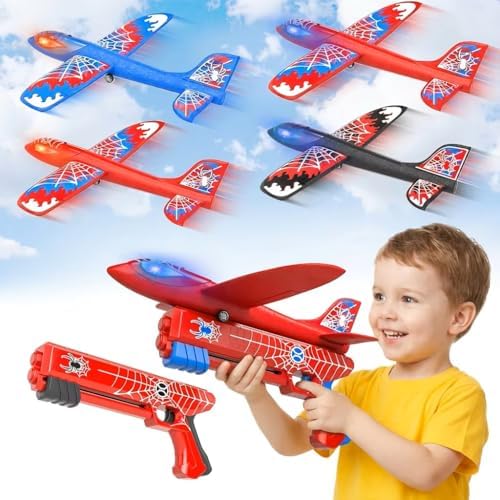 Doloowee Flugzeug Spielzeug für Jungen 3 4 5 6 Jahre | Outdoor Draußen Spielzeug mit Lichtern, 4 Schaumstoff-Flugzeuge und 2 Launcher, Geschenk für Kinder 4 5 6 Jahre