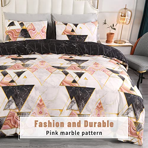 Duvet Cover Sets - Queen Duvet Cover Pink Marble Geometric Microfiber Duvet Cover Queen Texture Lightweight Covers Abstract With Zipper Closure Soft Cooling Winter Bedding Sets No Comforter #TOP2