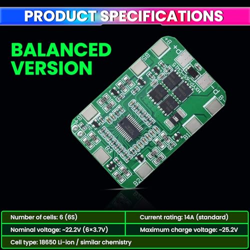 Image of amiciSolar 6S 22.2V 14A Lithium Battery BMS Protection Board with Cell Balancing | For 6-Cell 18650 Li-ion Packs | Overcharge, Over-Discharge & Short-Circuit Safety for DIY Battery Packs