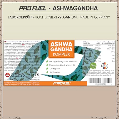 Ashwagandha Kapseln hochdosiert 120x - 600 mg Ashwagandha KSM-66® pro Tag - Komplex mit Ashwagandha-Wurzelextrakt, Magnesium, Zink, Vitamin B6 und Piperin - laborgeprüft mit Zertifikat - 100% vegan