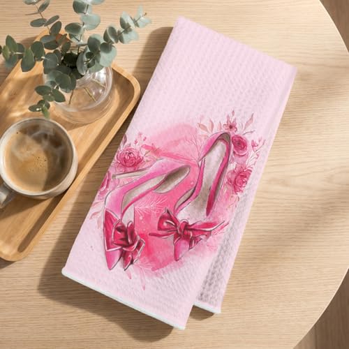 Image of 4Pcs Pink Kitchen Towels 24x14 Inch, Perfume High Heels Decor Microfiber Reusable Tea Towels for Kitchen Bathroom Farmhouse, Durable Waffle Weave Dish Drying Towel, Pink Gifts for Women Mom Friend