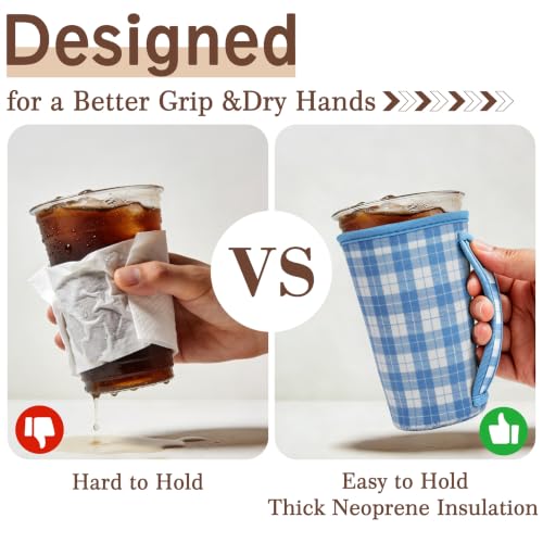 Image of KJQJLY 3 Reusable Iced Coffee Sleeves for Iced Coffee Cups or Drinks Reusable Neoprene Insulated Sleeves for Hot and Cold Drinks from Starbucks, Dunkin, And More (Preppy Blue Plaid)