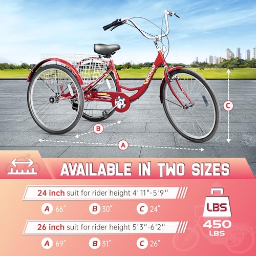 Marknig 24INCH-RED 7 Speed Adult Tricycle, 24 Inch 3 Wheel Bikes With Large Basket, Cruiser Bike thumb #5