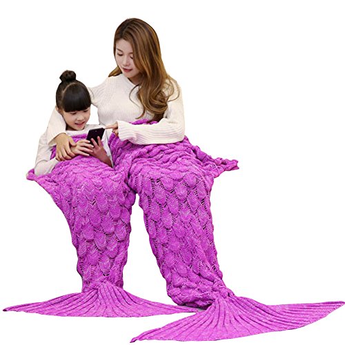 Mother and Daughter Mermaid Tail Blanket?2 in1 Knitting Warm Soft Cozy Crochet Knitted Blanket with Fish Scales Pattern Sisters Sleeping Bag Sofa Blanket Air Conditioning Blanket (Rose Red)