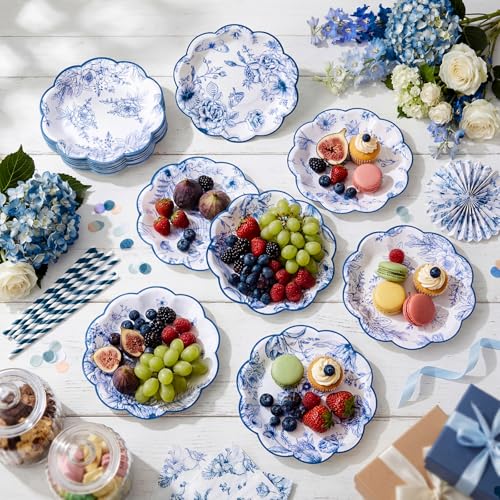 Image of Funnymoom 60 Pcs 7 Inch Blue Floral Plate Blue and White Toile Scalloped Paper Plates for Dessert Disposable Vintage Flower Party Decor Tableware for Spring Wedding Bridal Shower Tea Party Supplies