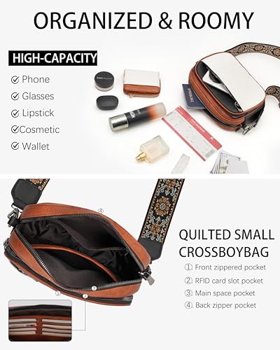 Image of Crossbody Bags for Women,Multi-Pocket Leather Crossbody Purse | RFID Blocking Pockets,Fits iPad,Adjustable Wide Strap,Quilted Exterior,8 Card Slots,Gift Ready
