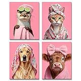 QPOKLAF Pink Animals Bathroom Wall Art Decor,Funny Dog,Cow,Cat Bathroom Canvas Printing,Animal Art Posters Cute Girl Bedroom Wall Decoration Set of 4 (8x10inch,Unframed)