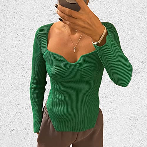 Image of Women's Square Neck Ribbed Knitted Sweater Long Sleeve Crop Slim Fitted Basic Pullover Tops